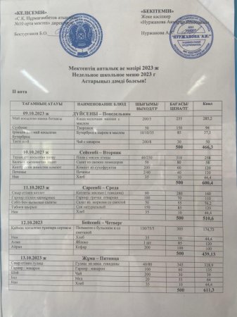 9.10.23-13.10.23 аралығындағы ас мәзірі
