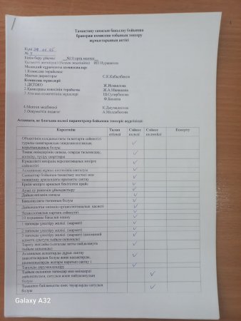 Тамақтану сапасын бақылау бойынща бракераж комиссия тобының тексеру жұмыстарының актісі