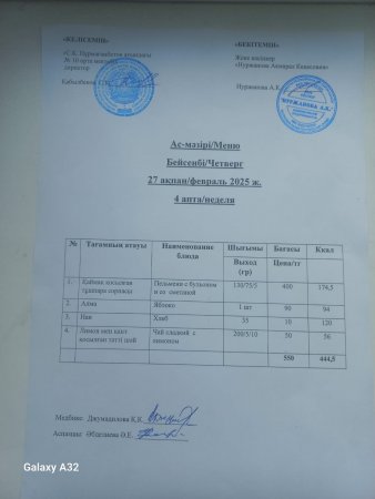 27.02.2025 ж. Тегін ыстық тамақпен қамтылған оқушылардың ас мәзірі