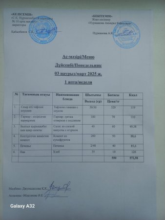 03.03.2025ж.Тегін ыстық тамақпен қамтылған оқушылардың ас мәзірі