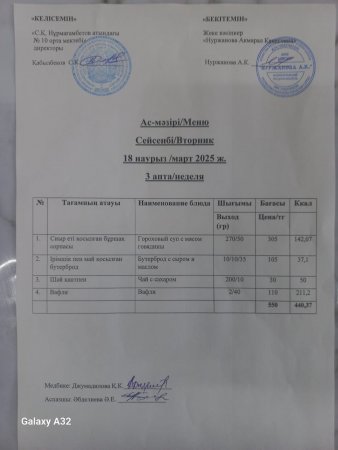 18.03.2025 ж. Тегін ыстық тамақпен қамтылған оқушылардың ас мәзірі