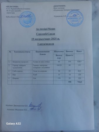 19.03.2025 ж. Тегін ыстық тамақпен қамтылған оқушылардың ас мәзірі