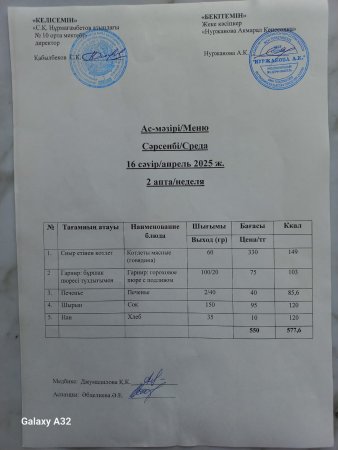16.04.2025 ж. Тегін ыстық тамақпен қатылған оқушылардың ас мәзірі