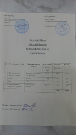 15.05.2025 ж. Тегін ыстық тамақпен қамтылған оқушылардың ас мәзірі